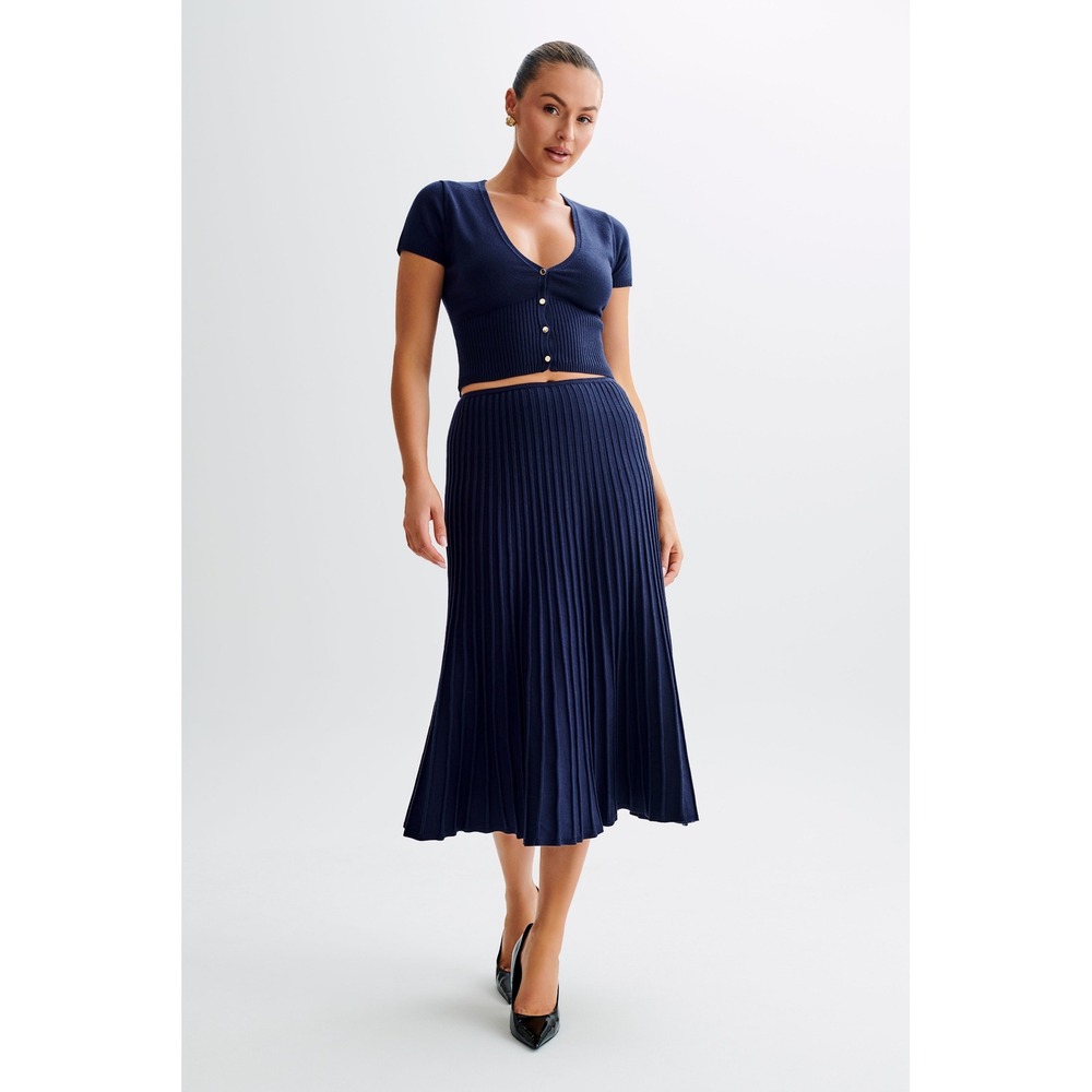 MESHKI Jolene Navy Blue Ribbed Knit Pleated Midi Skirt Size S